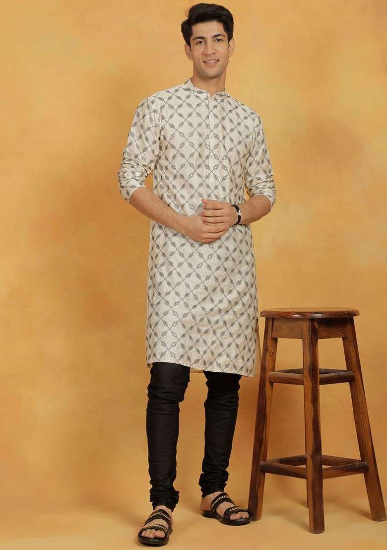 Cream Ethnic Motifs Poly Blend Kurta Set For Men - Indya