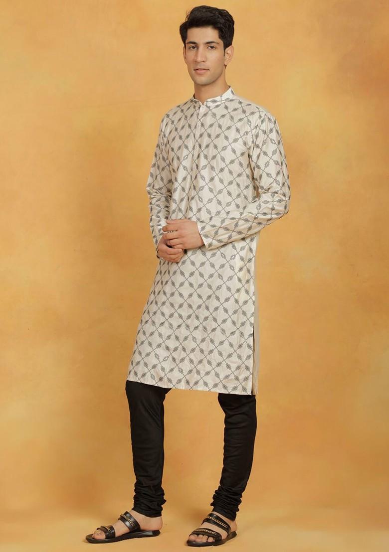 Cream Ethnic Motifs Poly Blend Kurta Set For Men