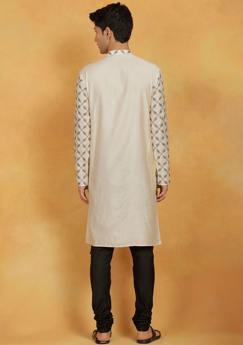 Cream Ethnic Motifs Poly Blend Kurta Set For Men