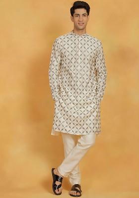 Cream Ethnic Motifs Poly Blend Kurta Set For Men