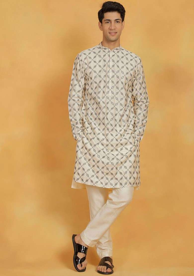 Cream Ethnic Motifs Poly Blend Kurta Set For Men - Indya