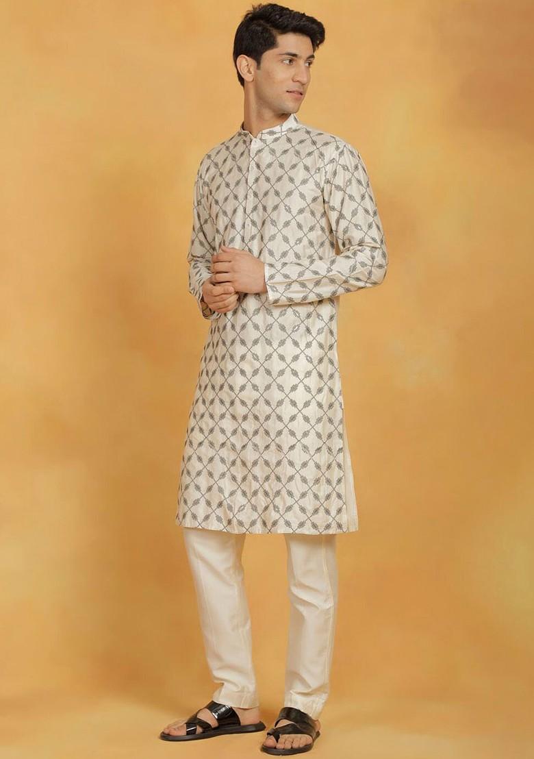 Cream Ethnic Motifs Poly Blend Kurta Set For Men