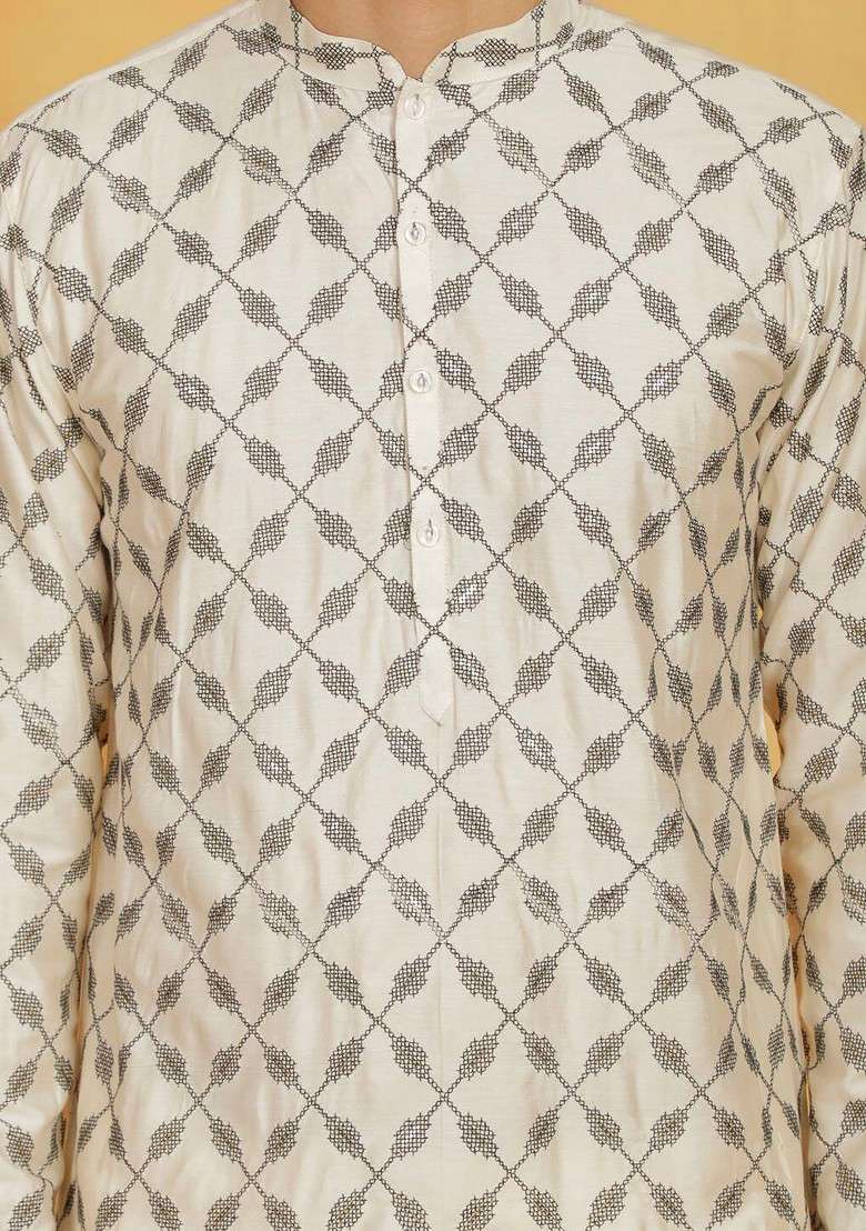 Cream Ethnic Motifs Poly Blend Kurta Set For Men - Indya