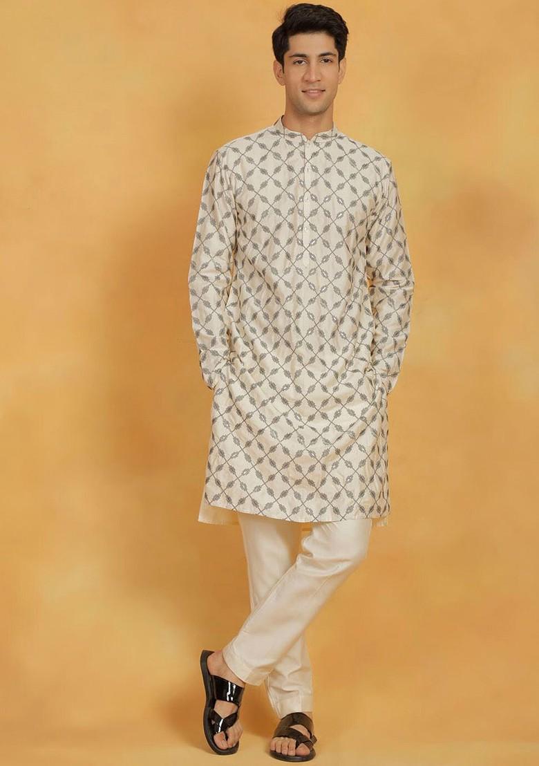Cream Ethnic Motifs Poly Blend Kurta Set For Men