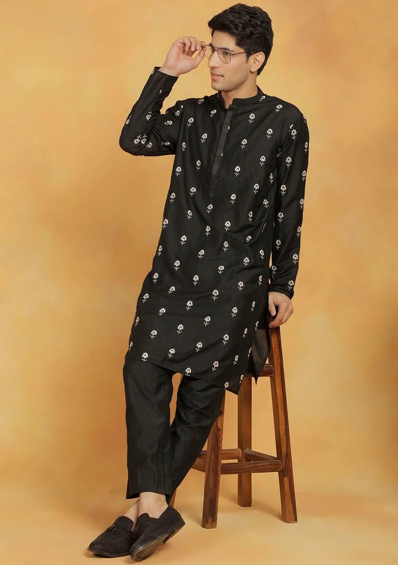 Black Ethnic Motifs Poly Blend Kurta Set For Men