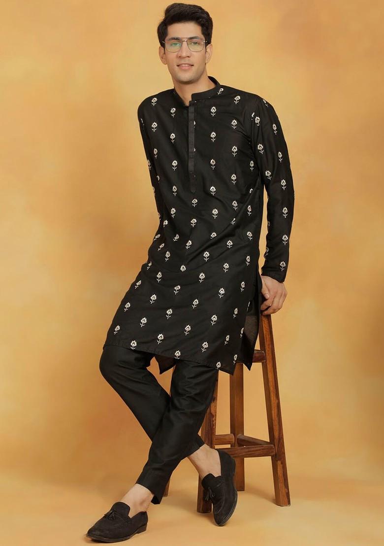 Black Ethnic Motifs Poly Blend Kurta Set For Men