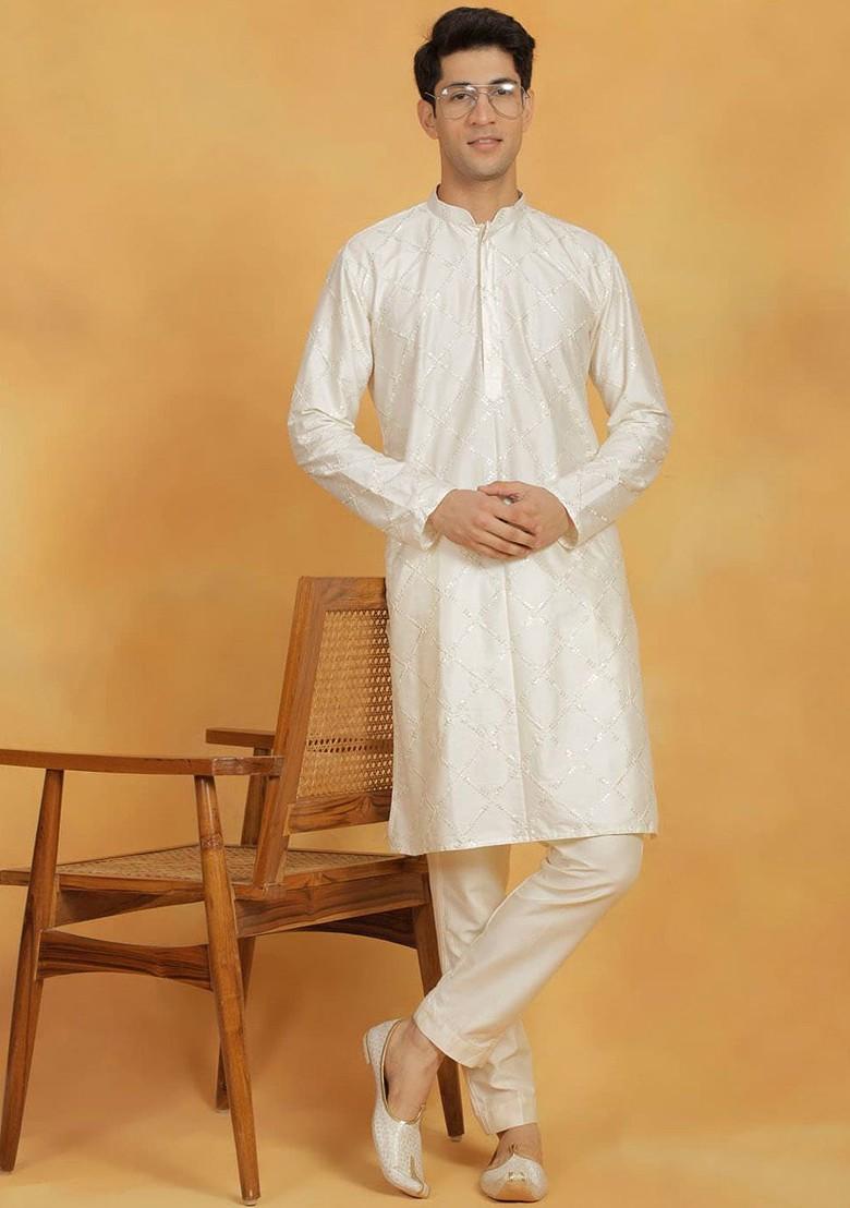 Cream Embroidered Poly Blend Kurta Set For Men