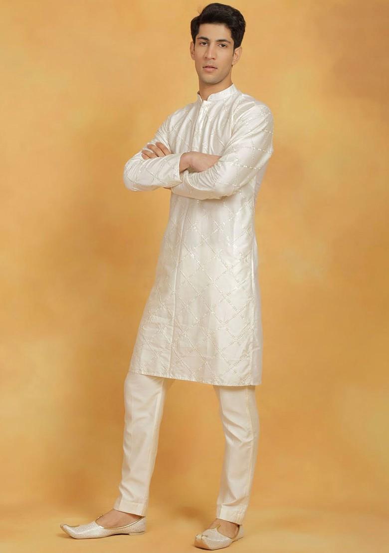 Cream Embroidered Poly Blend Kurta Set For Men