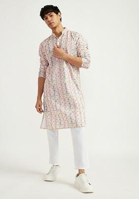 Pink Ethnic Motifs Poly Blend Kurta Set For Men