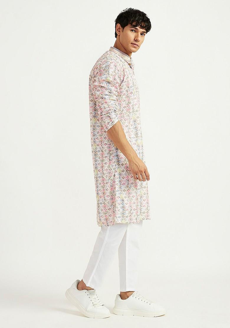 Pink Ethnic Motifs Poly Blend Kurta Set For Men
