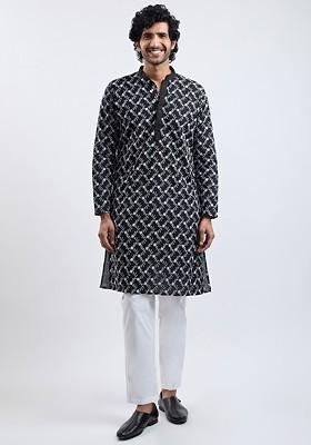 Black Embroidered Poly Blend Kurta Set For Men
