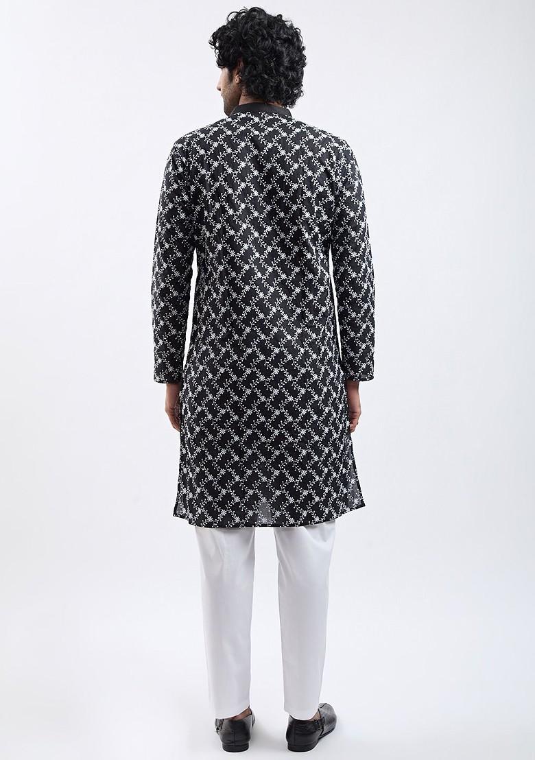 Black Embroidered Poly Blend Kurta Set For Men