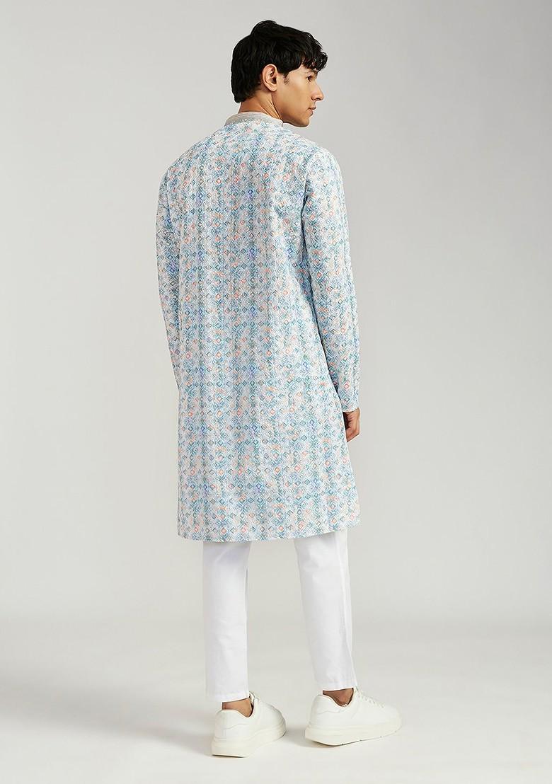Blue Embroidered Poly Blend Kurta Set For Men