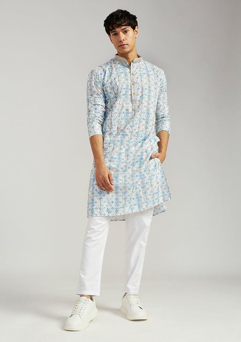 Blue Embroidered Poly Blend Kurta Set For Men