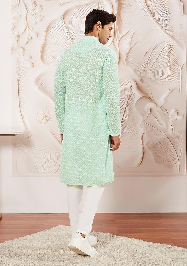 Green Embroidered Poly Blend Kurta Set For Men