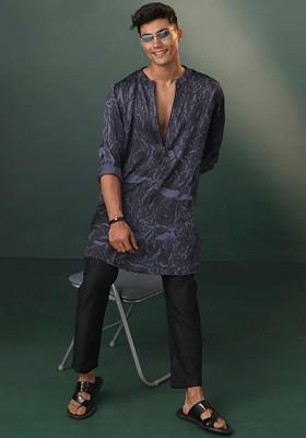 Grey Printed Poly Blend Kurta Set For Men