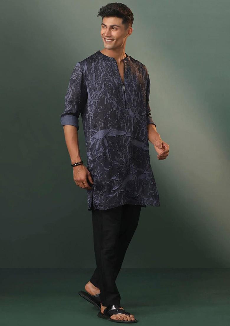 Grey Printed Poly Blend Kurta Set For Men