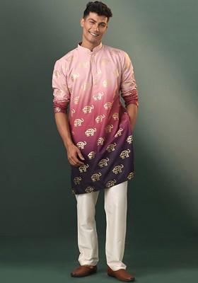 Purple Printed Poly Blend Kurta Set For Men