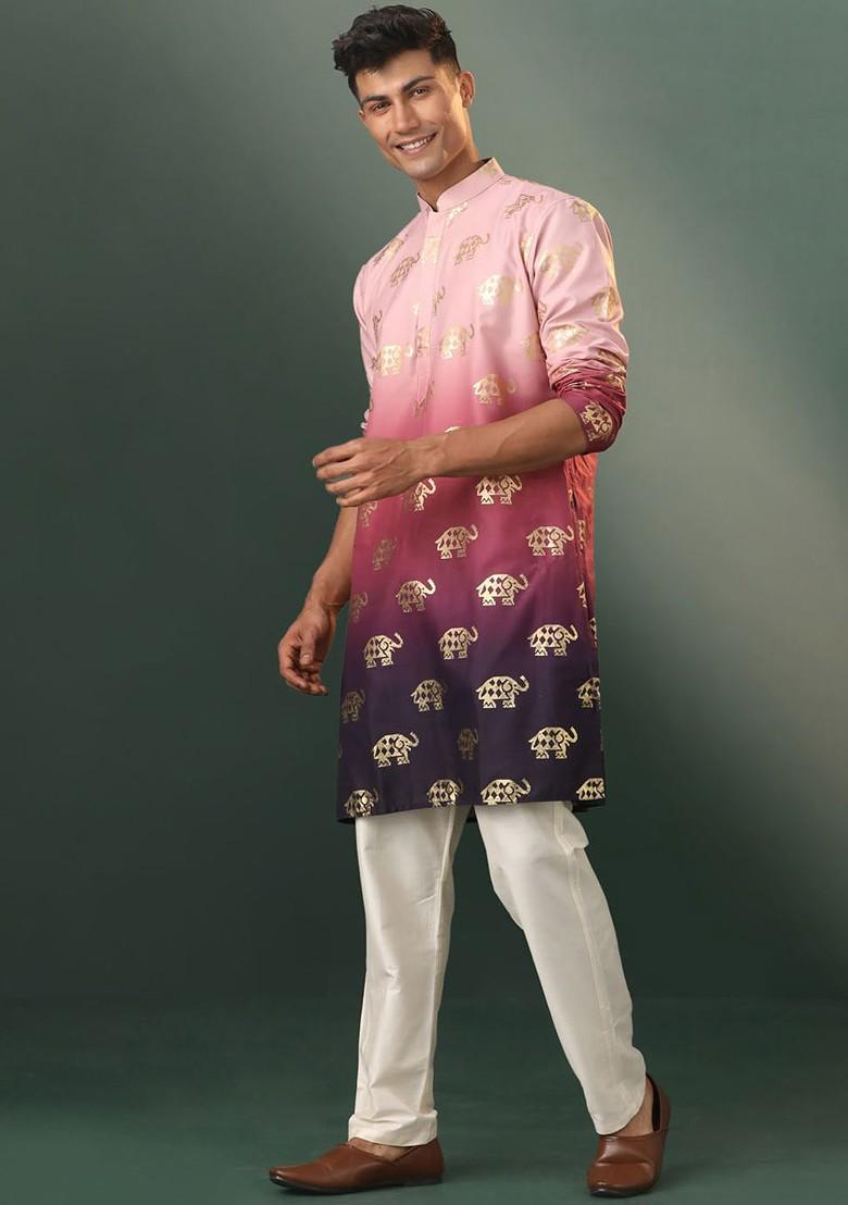 Purple Printed Poly Blend Kurta Set For Men
