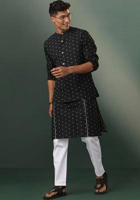 Black Floral Print Cotton Kurta Set For Men