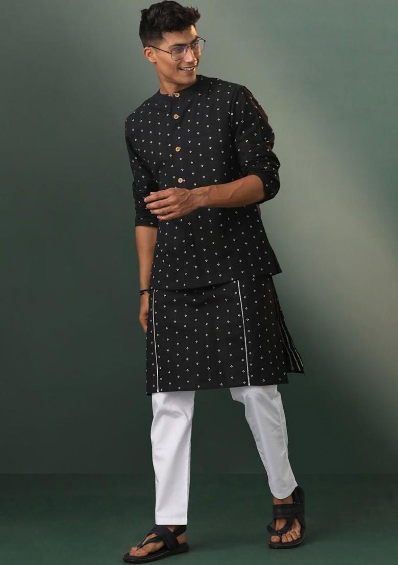 Black Floral Print Cotton Kurta Set For Men