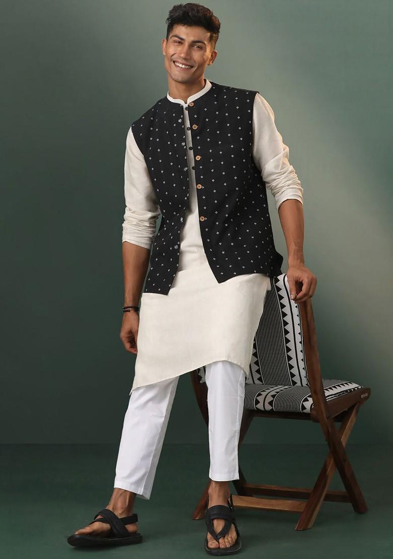 Black Floral Print Cotton Kurta Set For Men