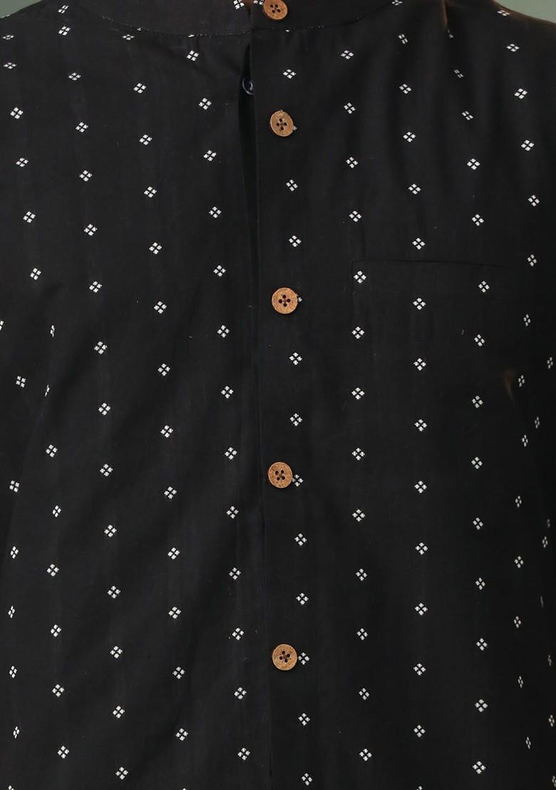 Black Floral Print Cotton Kurta Set For Men