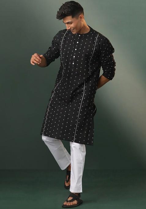 Black Floral Print Poly Blend Kurta Set For Men — view on Indya