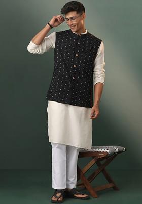 Black Floral Print Cotton Kurta Set For Men
