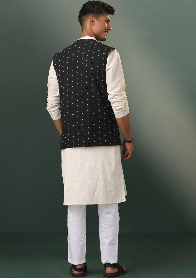 Black Floral Print Cotton Kurta Set For Men