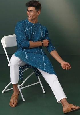 Turquoise Blue Ethnic Motifs Poly Blend Kurta Set For Men