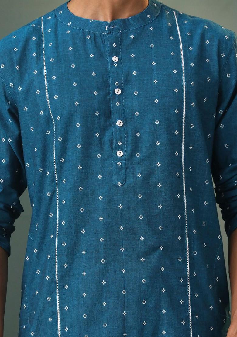 Turquoise Blue Ethnic Motifs Poly Blend Kurta Set For Men