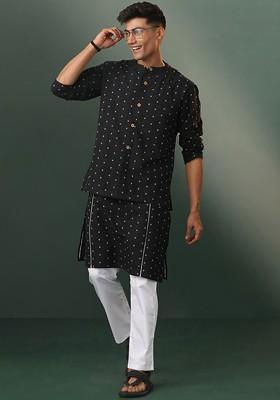 Black Geometric Print Cotton Kurta Set For Men
