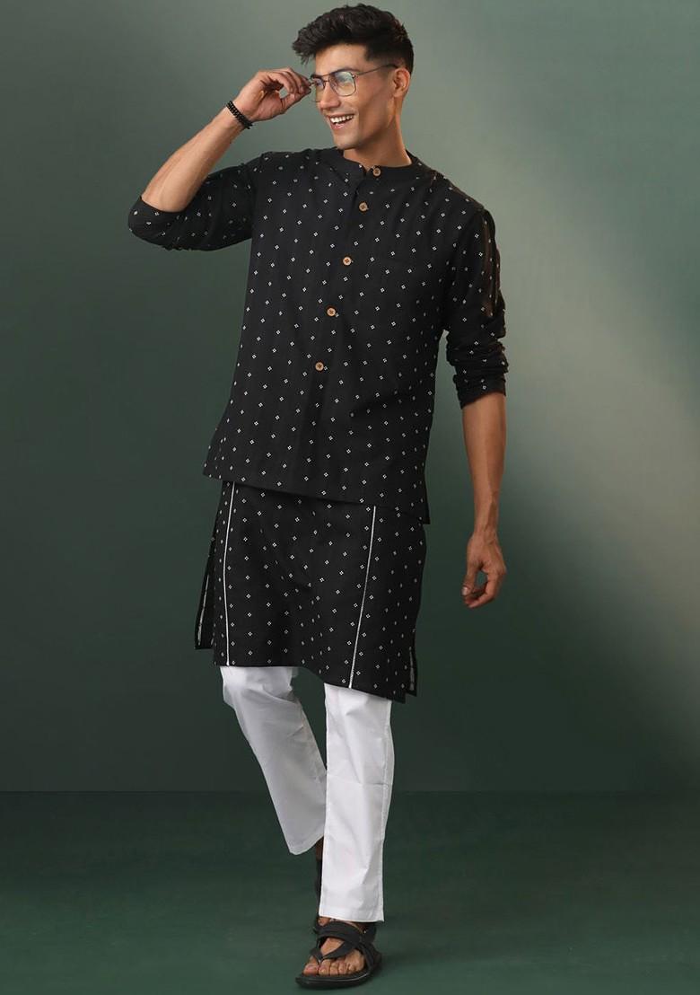 Black Geometric Print Cotton Kurta Set For Men