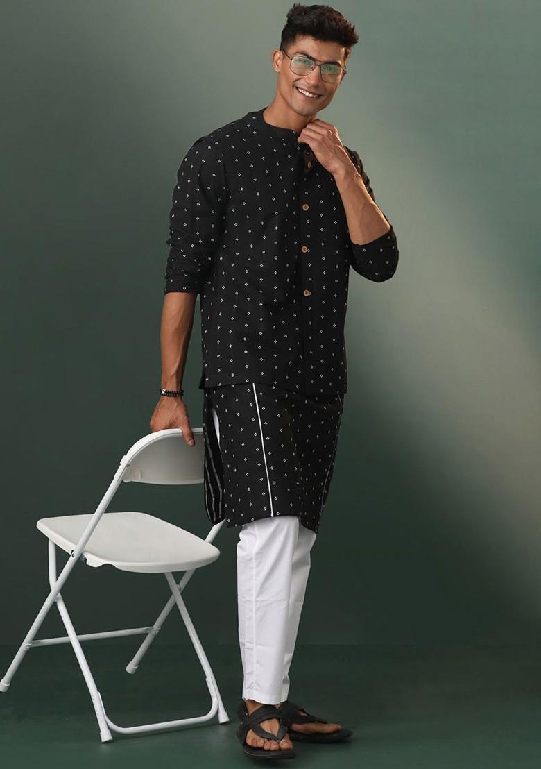 Black Geometric Print Cotton Kurta Set For Men