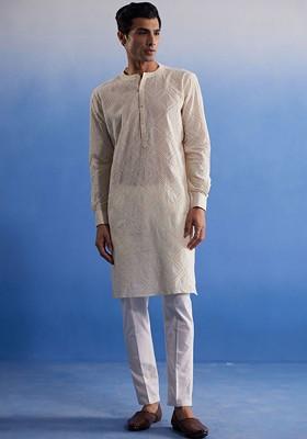 Cream Embroidered Cotton Kurta Set For Men