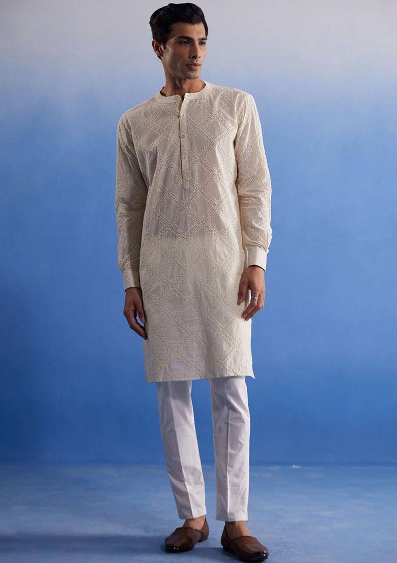 Cream Embroidered Cotton Kurta Set For Men