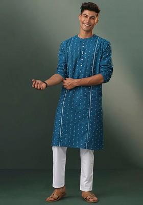Turquoise Blue Floral Print Poly Blend Kurta Set For Men