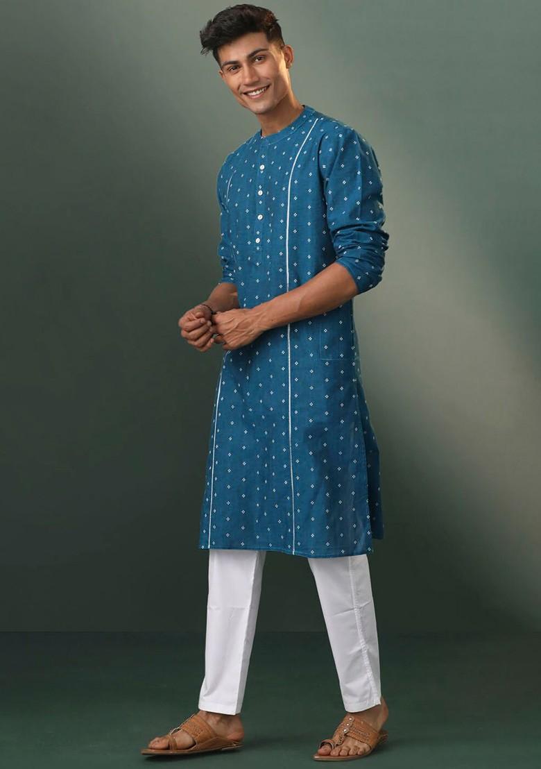 Turquoise Blue Floral Print Poly Blend Kurta Set For Men