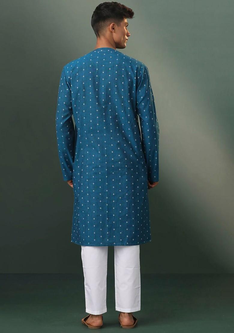 Turquoise Blue Floral Print Poly Blend Kurta Set For Men