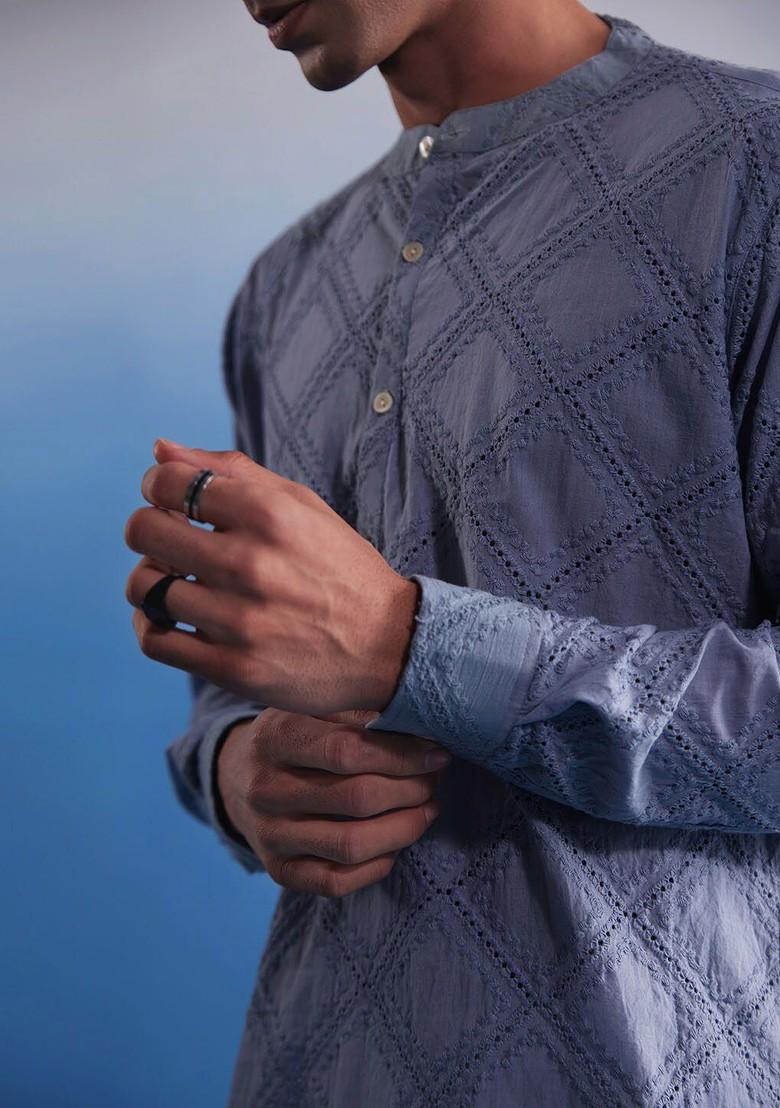Blue Embroidered Cotton Kurta Set For Men