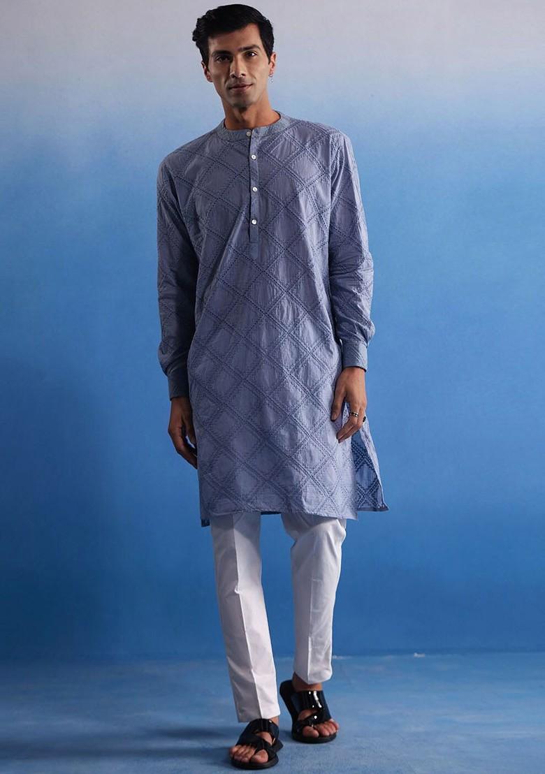 Blue Embroidered Cotton Kurta Set For Men