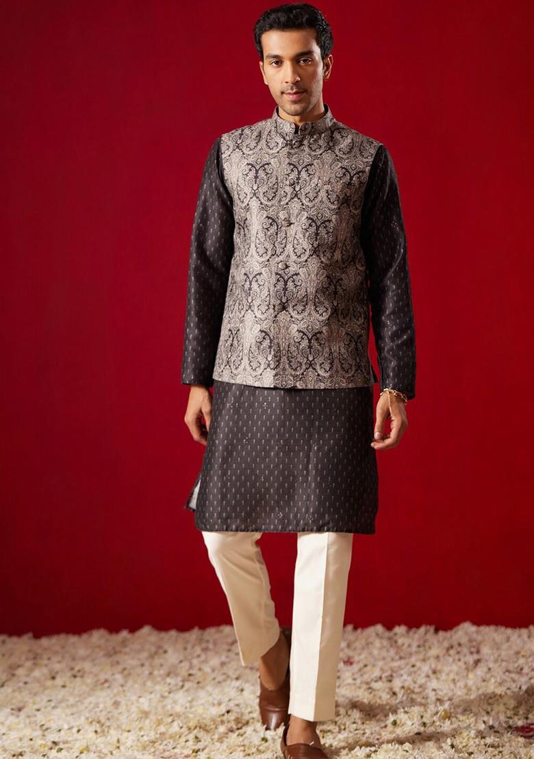 Black Ethnic Motifs Poly Blend Kurta Set For Men