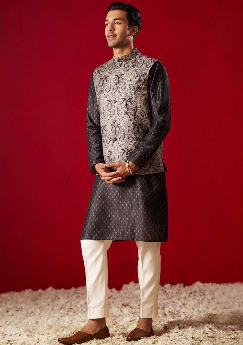 Black Ethnic Motifs Poly Blend Kurta Set For Men - Indya