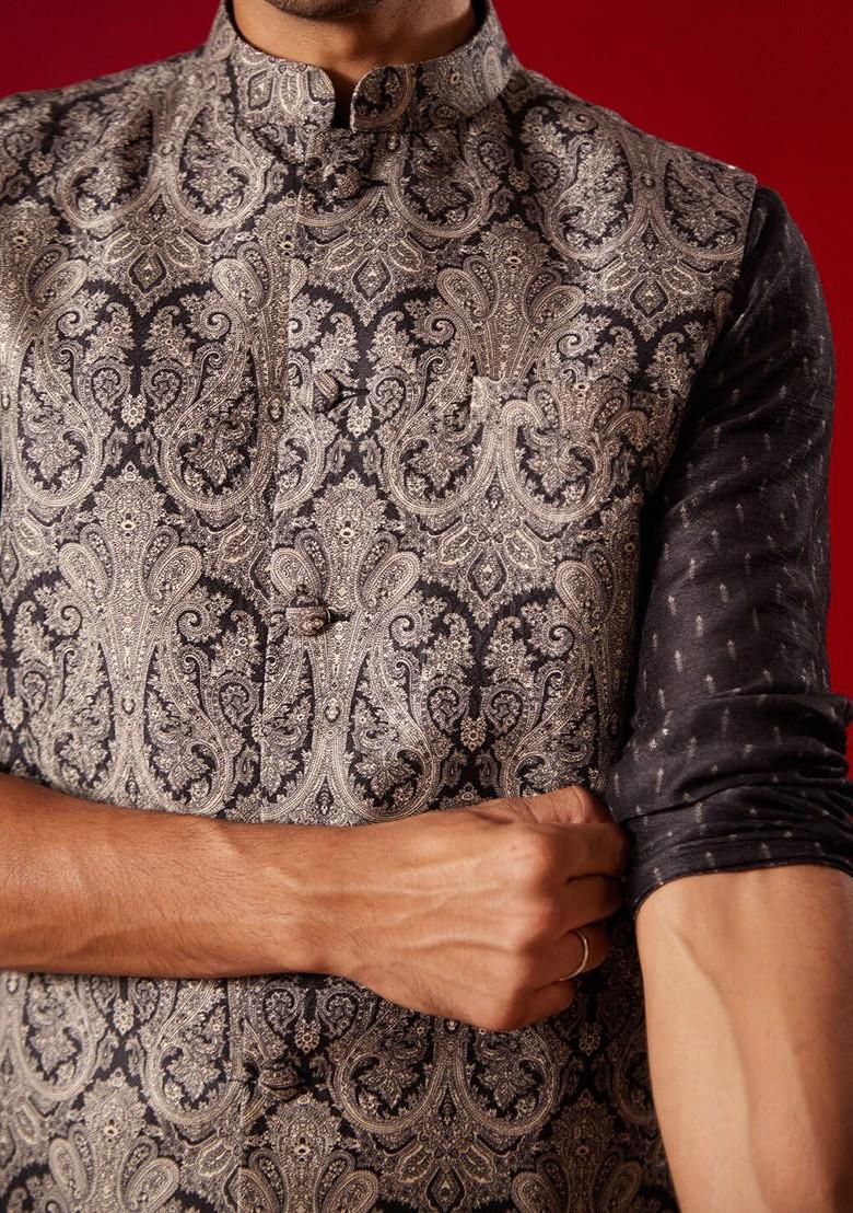 Black Ethnic Motifs Poly Blend Kurta Set For Men