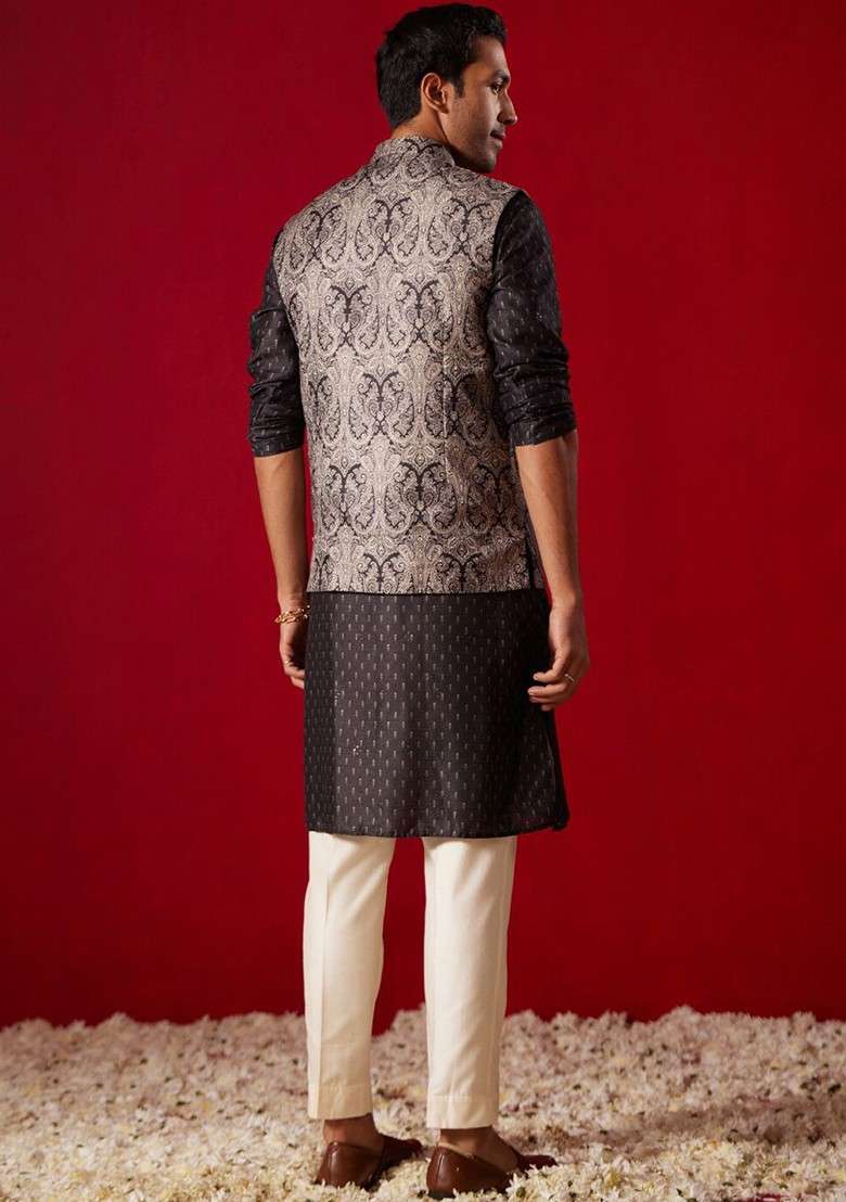 Black Ethnic Motifs Poly Blend Kurta Set For Men - Indya