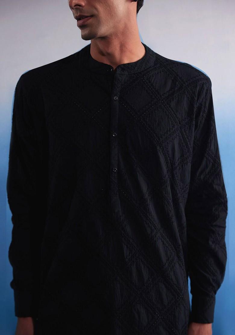 Black Embroidered Cotton Kurta Set For Men