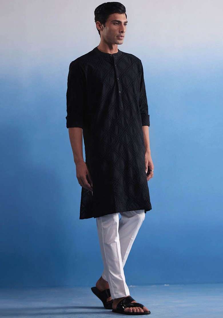 Black Embroidered Cotton Kurta Set For Men - Indya