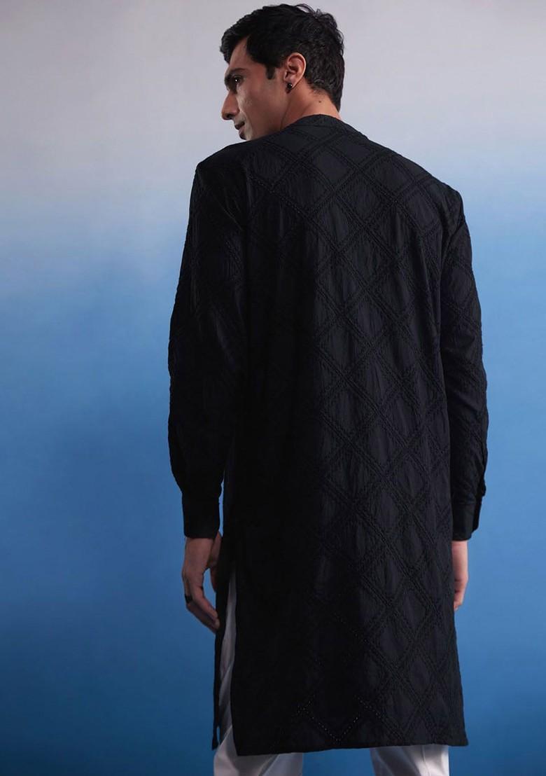 Black Embroidered Cotton Kurta Set For Men