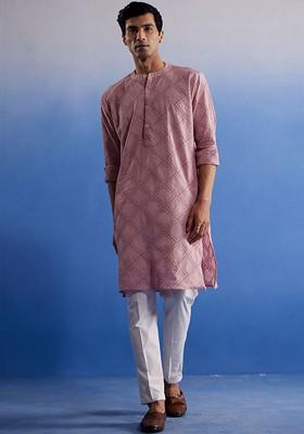 Pink Embroidered Cotton Kurta Set For Men